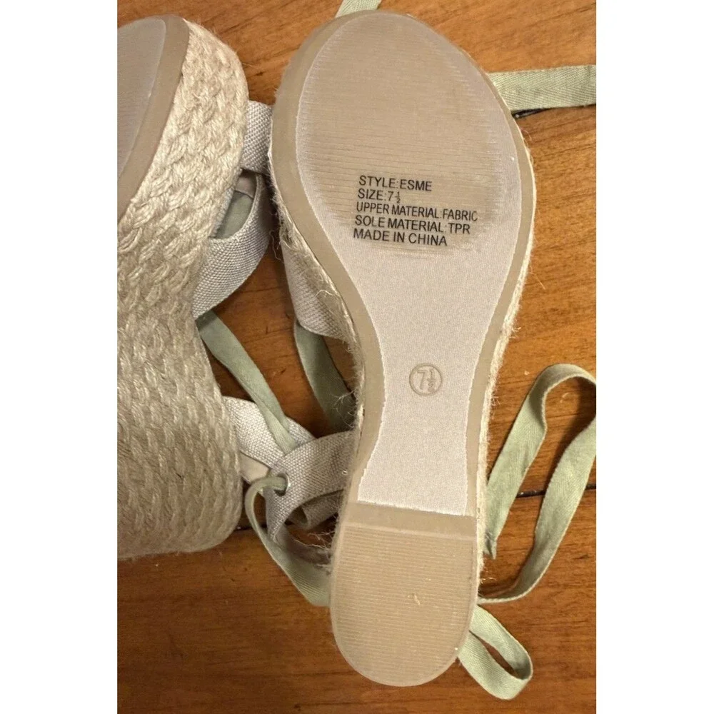 Lulus Sandals Womens 7.5 Esme Lace Up Espadrille Wedge Heels Straps Beige Canvas